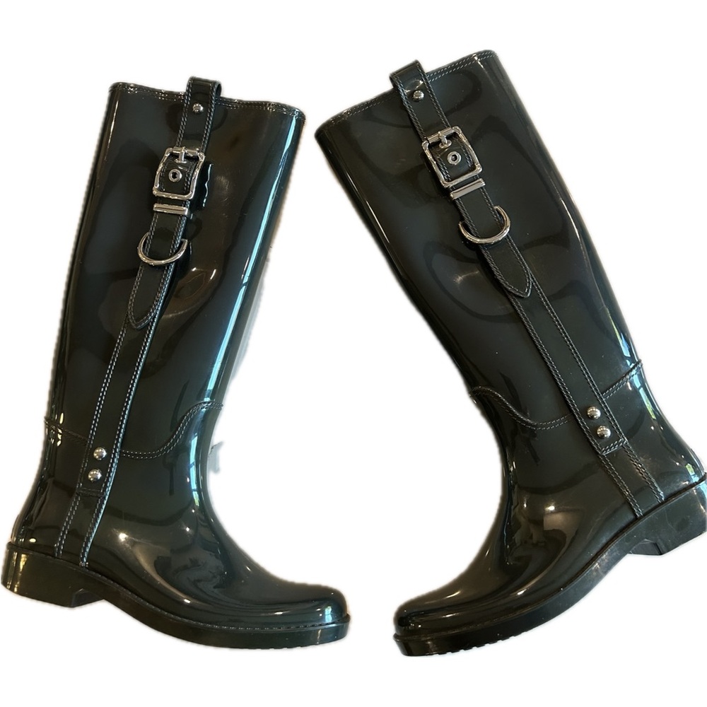 COACH- Tasha rain boot w/silver buckle detail. Dark greenish black. Women’s 7
